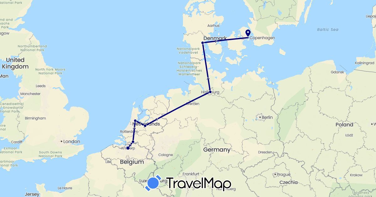TravelMap itinerary: driving in Belgium, Germany, Denmark, Netherlands (Europe)